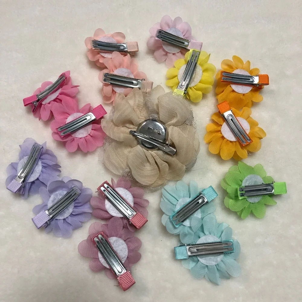 Lot Bundle Girls Pastel Chiffon Flower Hair Clip Barrette - 16 Total